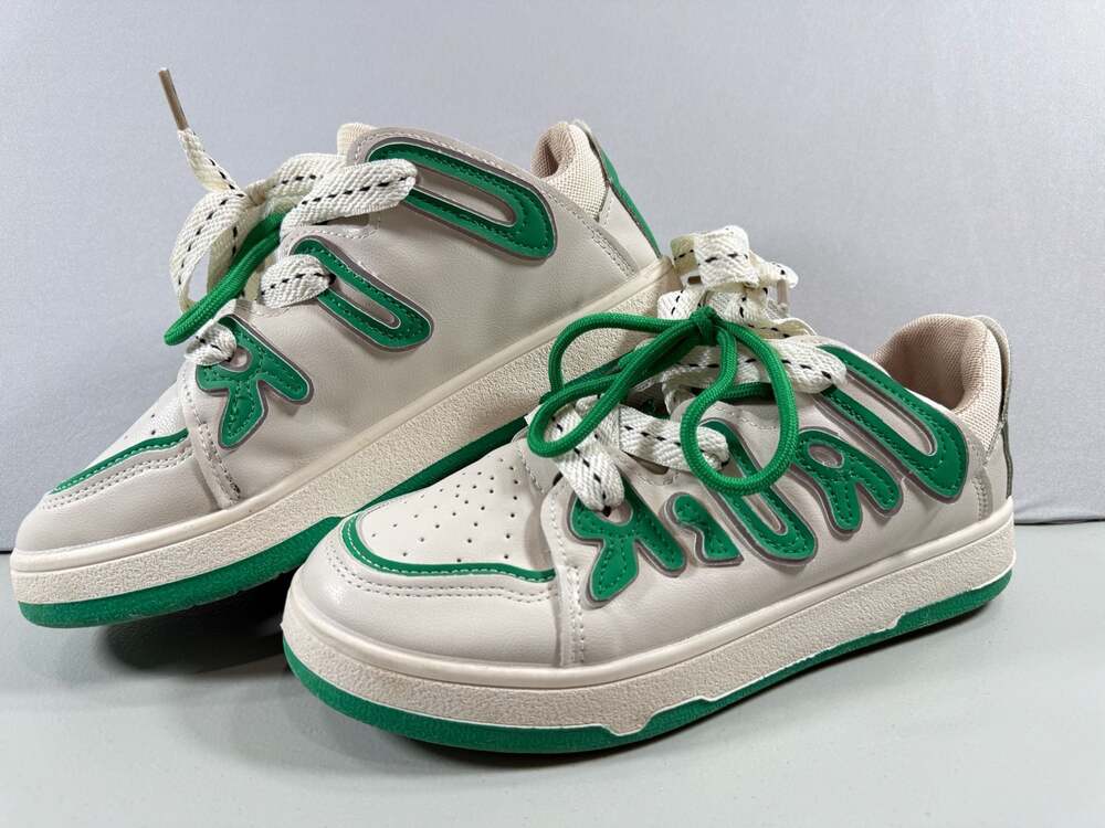 Letter Graphic Lace-Up White and Green Chunky Skate Sneakers Size 7